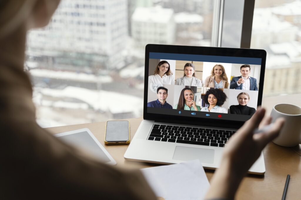 irtual team meeting on a screen